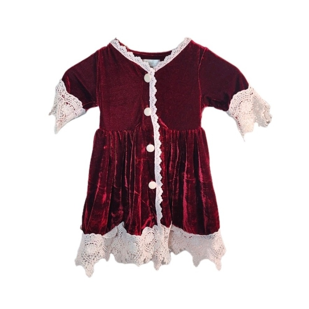Trish Scully Child Burgundy Velvet Lace Trim Dress Girls Size‎ 3